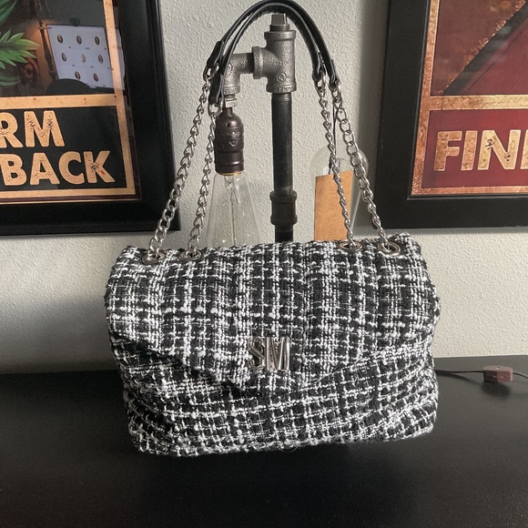 NWT black and white tweed shoulder bag by Steve Madden